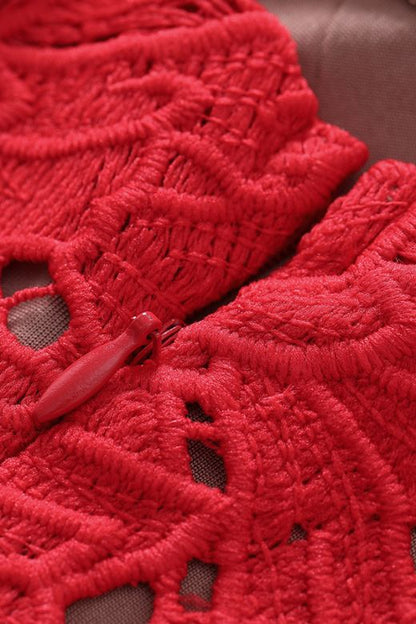 Lipstick Red Scalloped Sweetheart Bow Shoulder Lace Bodycon Maxi Dress