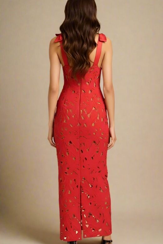 Lipstick Red Scalloped Sweetheart Bow Shoulder Lace Bodycon Maxi Dress