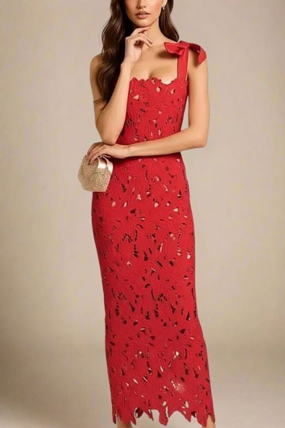 Lipstick Red Scalloped Sweetheart Bow Shoulder Lace Bodycon Maxi Dress