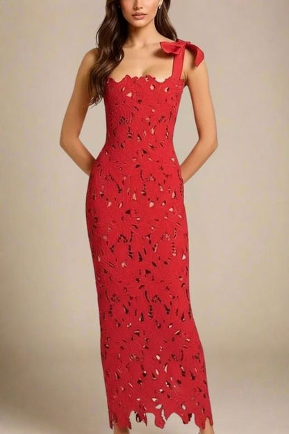 Lipstick Red Scalloped Sweetheart Bow Shoulder Lace Bodycon Maxi Dress