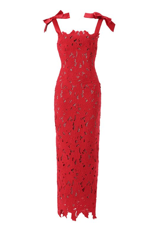 Lipstick Red Scalloped Sweetheart Bow Shoulder Lace Bodycon Maxi Dress