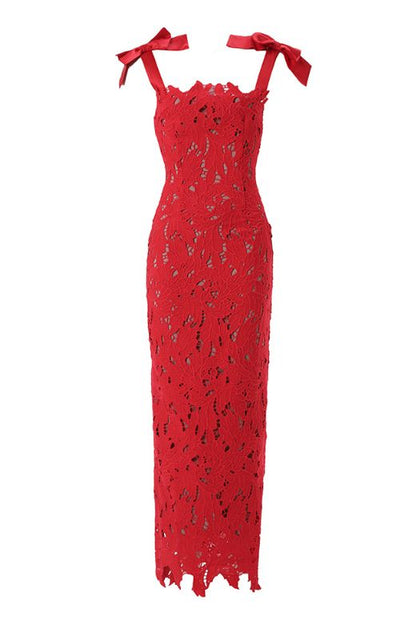 Lipstick Red Scalloped Sweetheart Bow Shoulder Lace Bodycon Maxi Dress