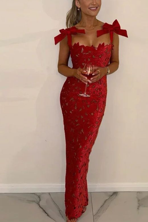 Lipstick Red Scalloped Sweetheart Bow Shoulder Lace Bodycon Maxi Dress
