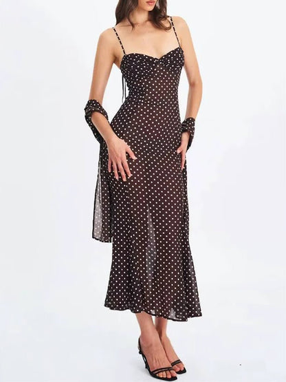 Brown Mesh Polka Dot Sweetheart Neck Tie Shoulder Strap Ruched Bodice Mermaid Hem Midi Dress