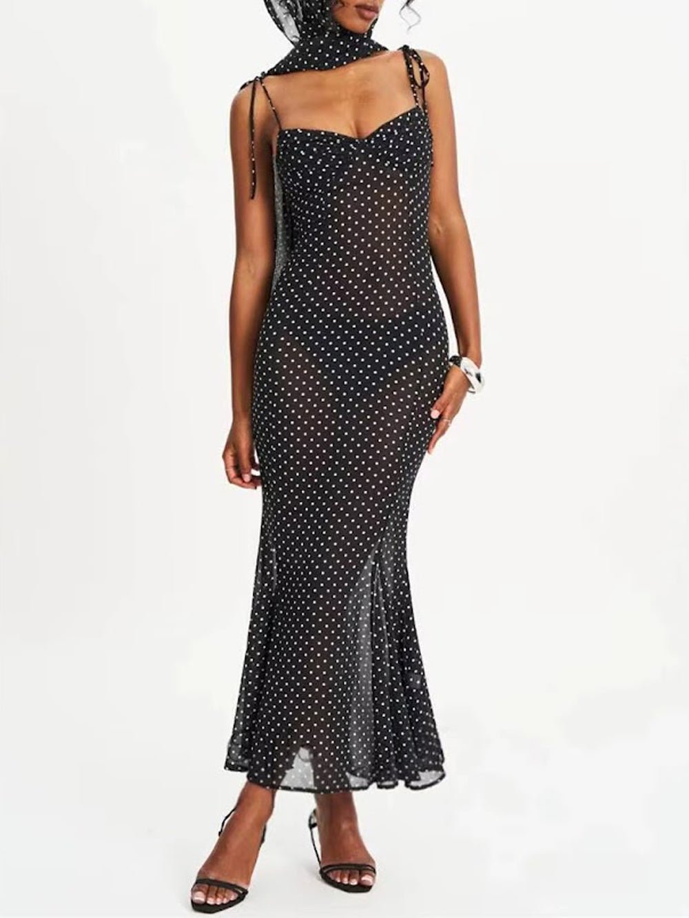 Black Mesh Polka Dot Sweetheart Neck Tie Shoulder Strap Ruched Bodice Mermaid Hem Midi Dress