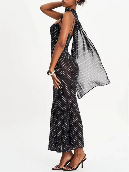 Black Mesh Polka Dot Sweetheart Neck Tie Shoulder Strap Ruched Bodice Mermaid Hem Midi Dress