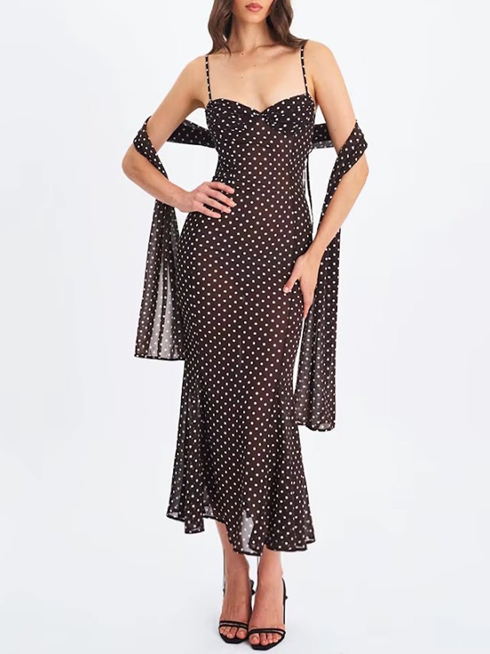 Brown Mesh Polka Dot Sweetheart Neck Tie Shoulder Strap Ruched Bodice Mermaid Hem Midi Dress