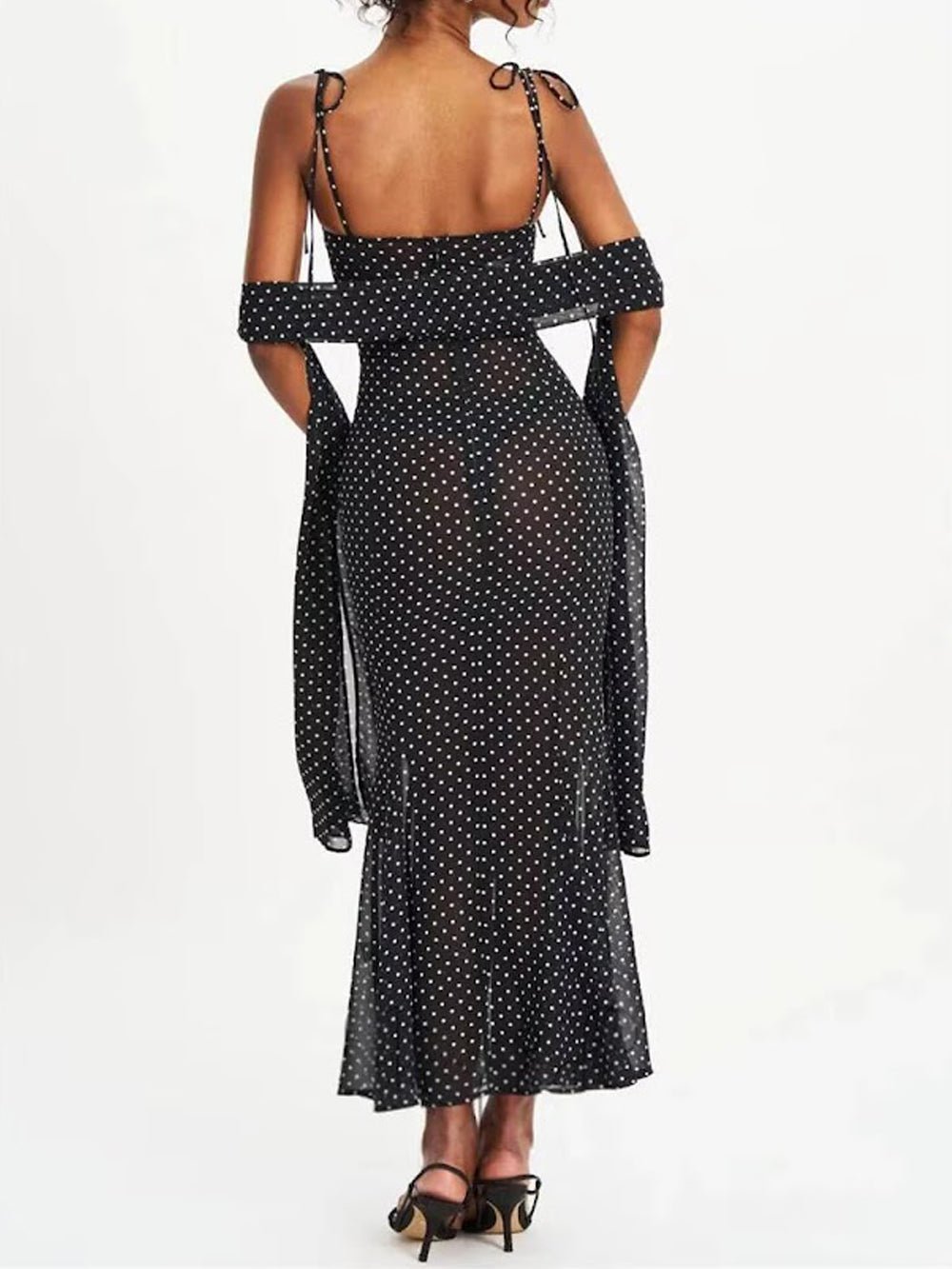 Black Mesh Polka Dot Sweetheart Neck Tie Shoulder Strap Ruched Bodice Mermaid Hem Midi Dress