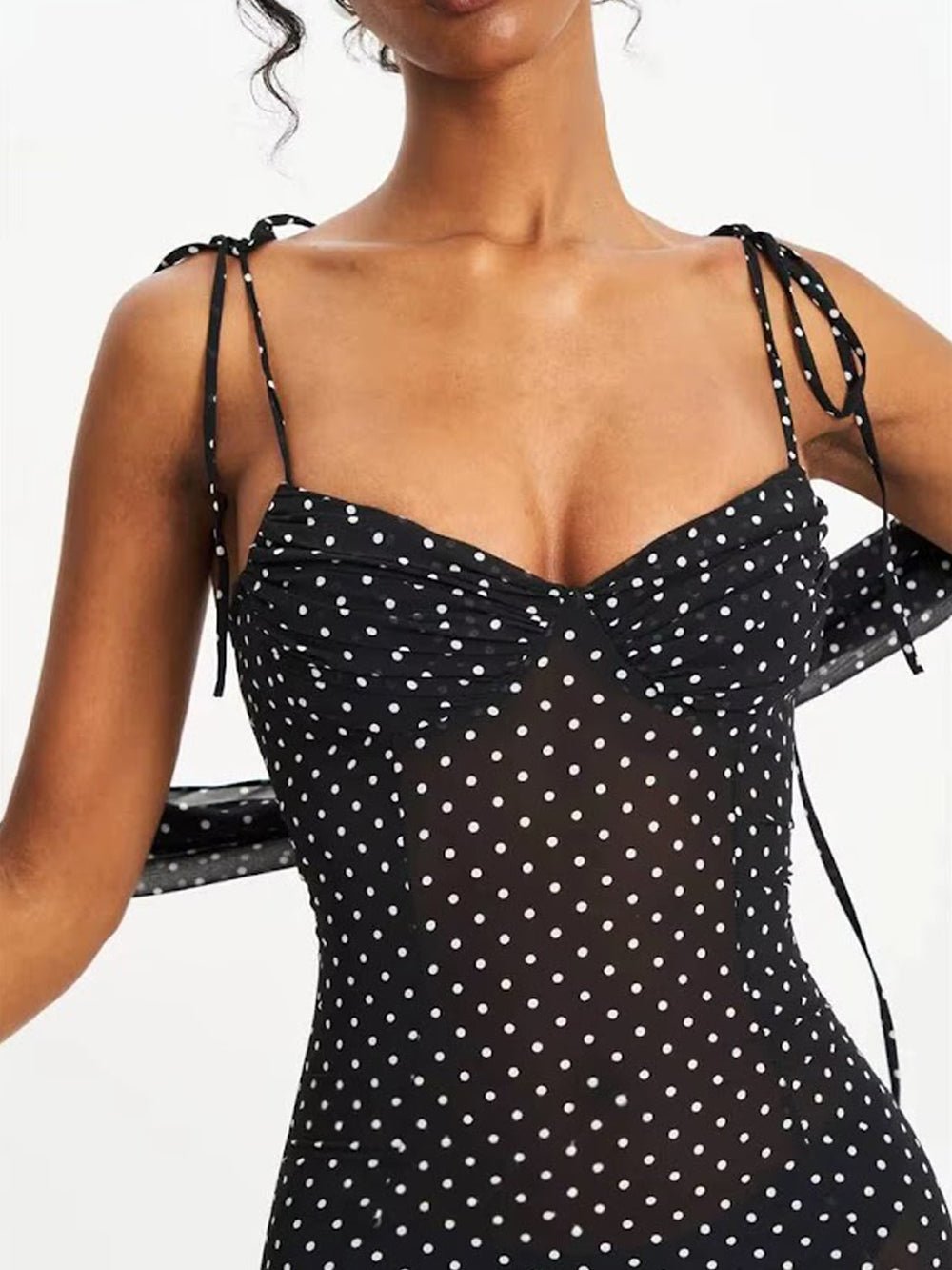 Black Mesh Polka Dot Sweetheart Neck Tie Shoulder Strap Ruched Bodice Mermaid Hem Midi Dress