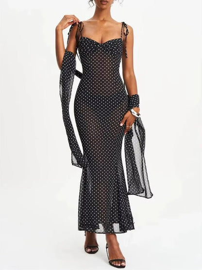 Black Mesh Polka Dot Sweetheart Neck Tie Shoulder Strap Ruched Bodice Mermaid Hem Midi Dress