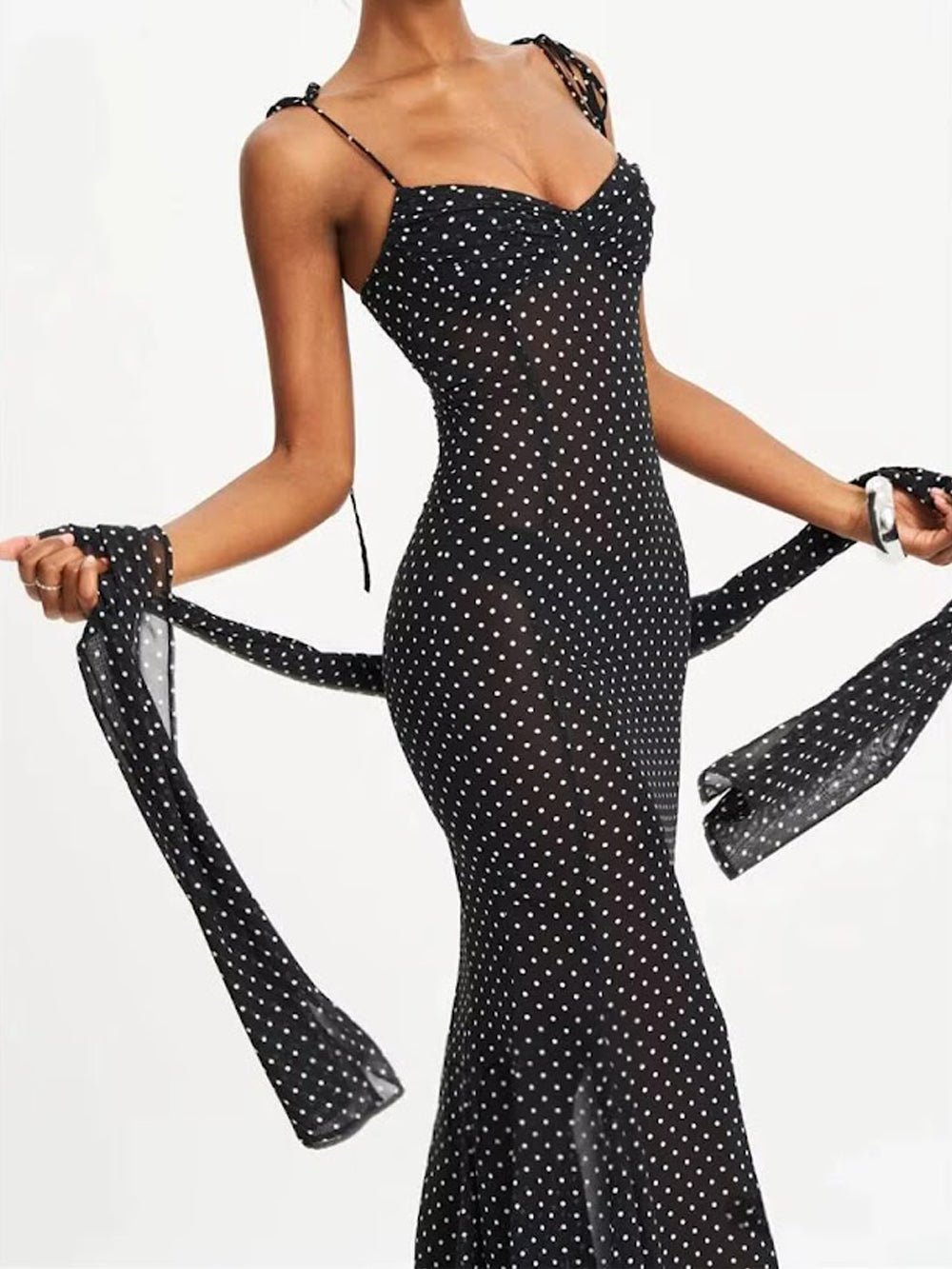 Black Mesh Polka Dot Sweetheart Neck Tie Shoulder Strap Ruched Bodice Mermaid Hem Midi Dress