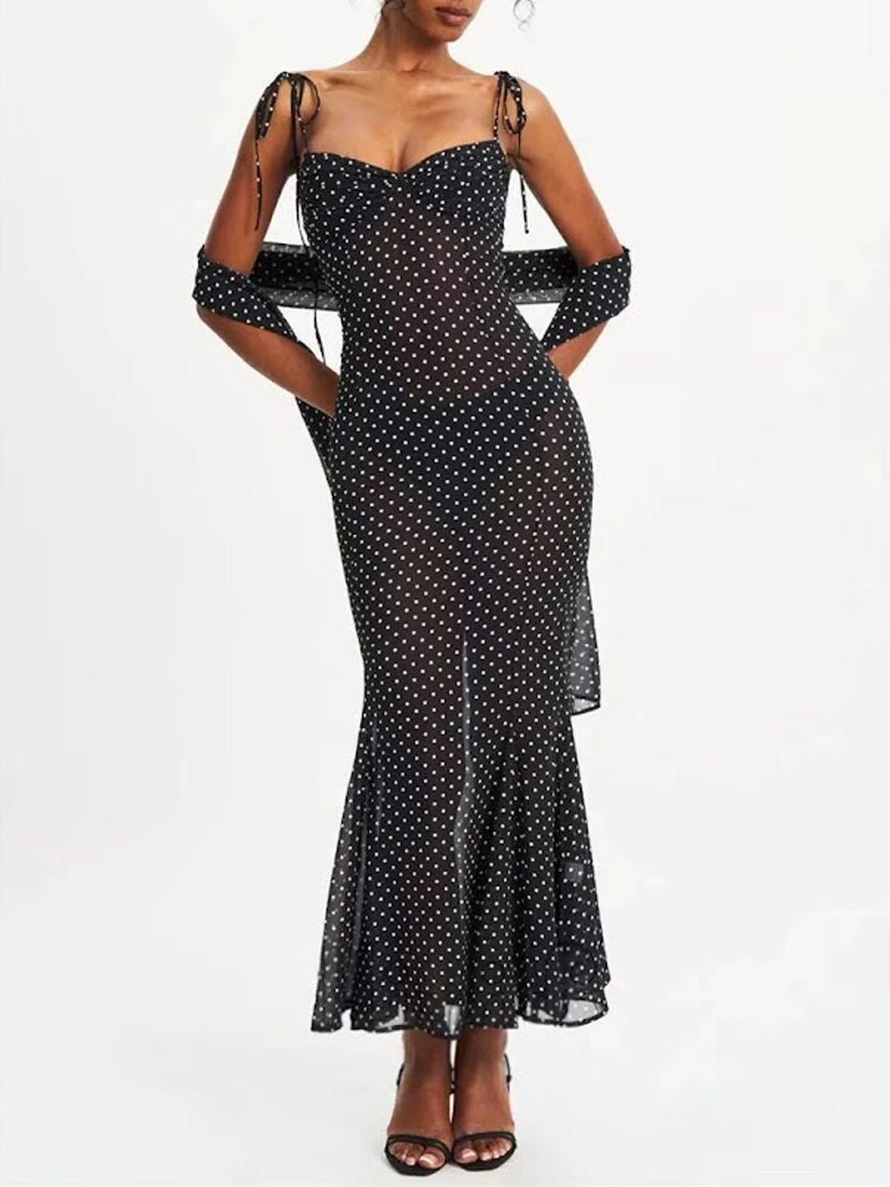 Black Mesh Polka Dot Sweetheart Neck Tie Shoulder Strap Ruched Bodice Mermaid Hem Midi Dress