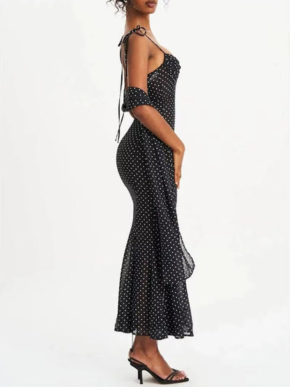 Black Mesh Polka Dot Sweetheart Neck Tie Shoulder Strap Ruched Bodice Mermaid Hem Midi Dress
