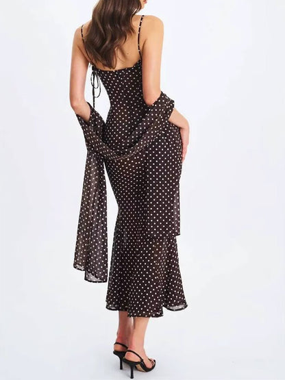 Brown Mesh Polka Dot Sweetheart Neck Tie Shoulder Strap Ruched Bodice Mermaid Hem Midi Dress
