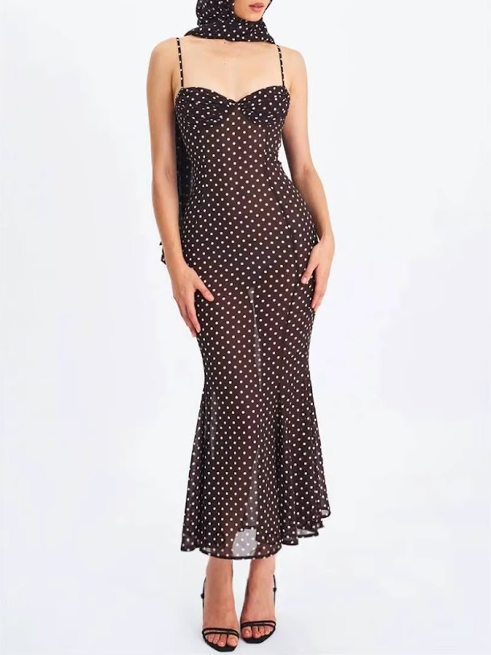 Brown Mesh Polka Dot Sweetheart Neck Tie Shoulder Strap Ruched Bodice Mermaid Hem Midi Dress