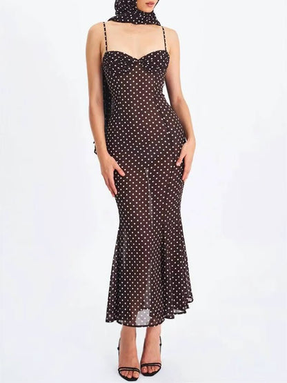 Brown Mesh Polka Dot Sweetheart Neck Tie Shoulder Strap Ruched Bodice Mermaid Hem Midi Dress