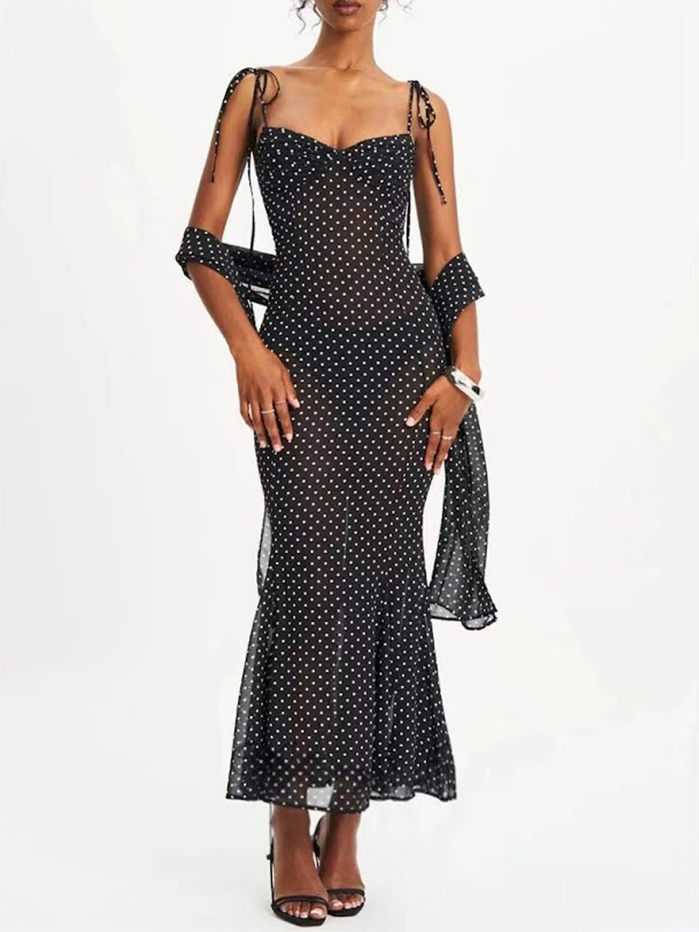 Black Mesh Polka Dot Sweetheart Neck Tie Shoulder Strap Ruched Bodice Mermaid Hem Midi Dress