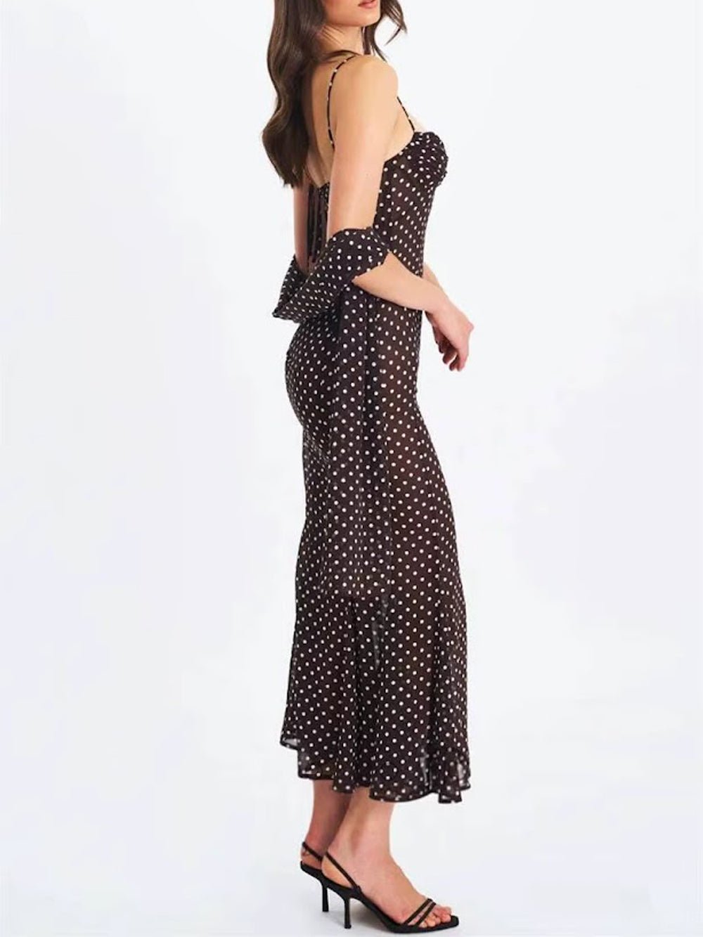 Brown Mesh Polka Dot Sweetheart Neck Tie Shoulder Strap Ruched Bodice Mermaid Hem Midi Dress