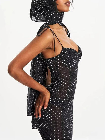Black Mesh Polka Dot Sweetheart Neck Tie Shoulder Strap Ruched Bodice Mermaid Hem Midi Dress