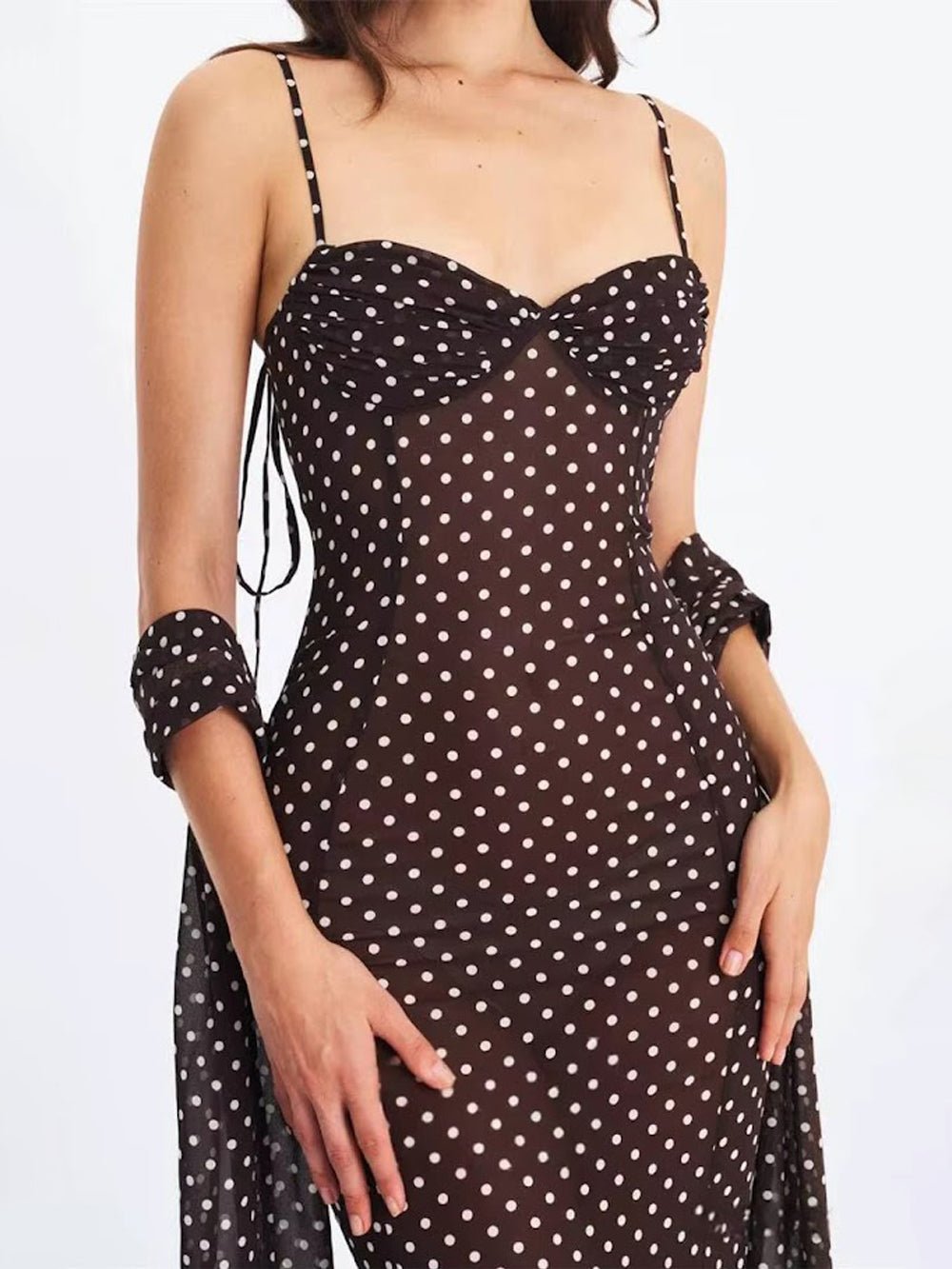 Brown Mesh Polka Dot Sweetheart Neck Tie Shoulder Strap Ruched Bodice Mermaid Hem Midi Dress