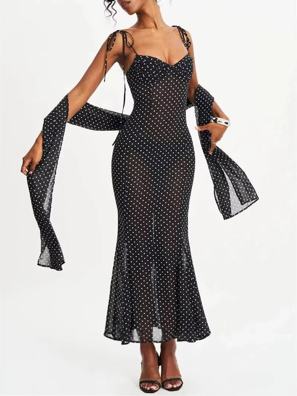 Black Mesh Polka Dot Sweetheart Neck Tie Shoulder Strap Ruched Bodice Mermaid Hem Midi Dress