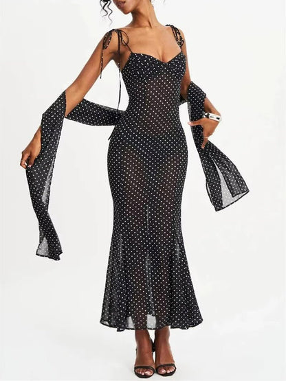Black Mesh Polka Dot Sweetheart Neck Tie Shoulder Strap Ruched Bodice Mermaid Hem Midi Dress
