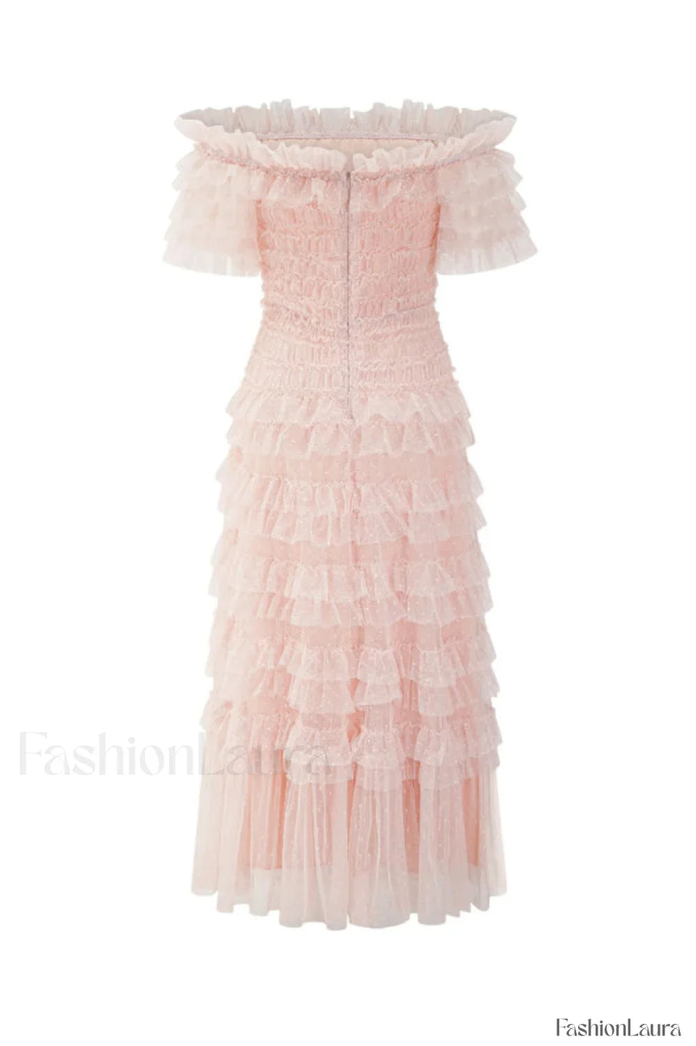 Off Shoulder Dotted Charming Tulle Maxi Dress