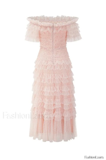 Off Shoulder Dotted Charming Tulle Maxi Dress