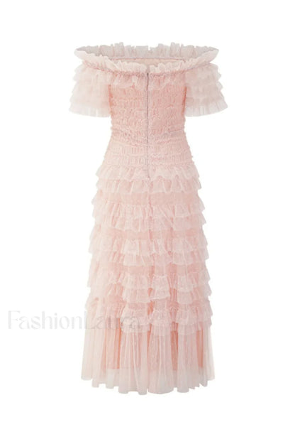 Off Shoulder Dotted Charming Tulle Maxi Dress
