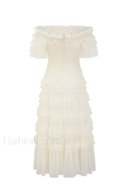 Off Shoulder Dotted Charming Tulle Maxi Dress