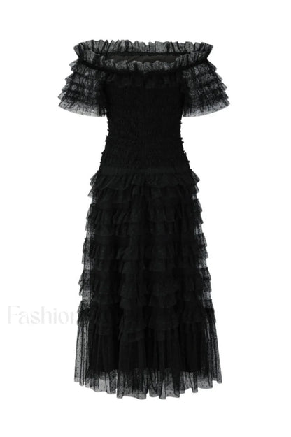 Off Shoulder Dotted Charming Tulle Maxi Dress