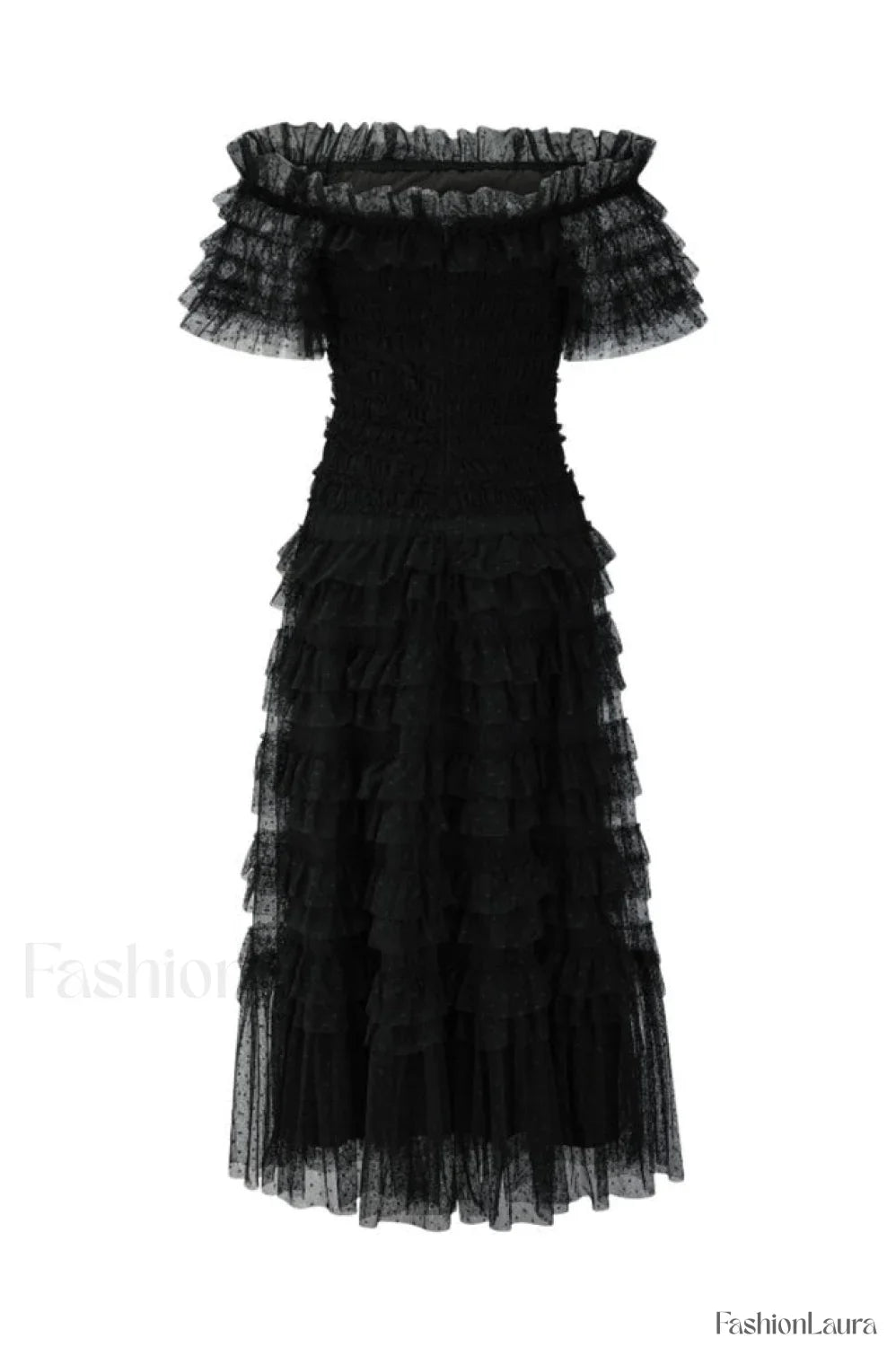 Off Shoulder Dotted Charming Tulle Maxi Dress