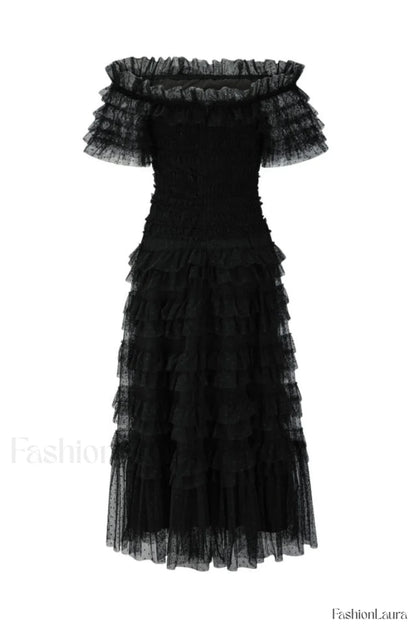 Off Shoulder Dotted Charming Tulle Maxi Dress