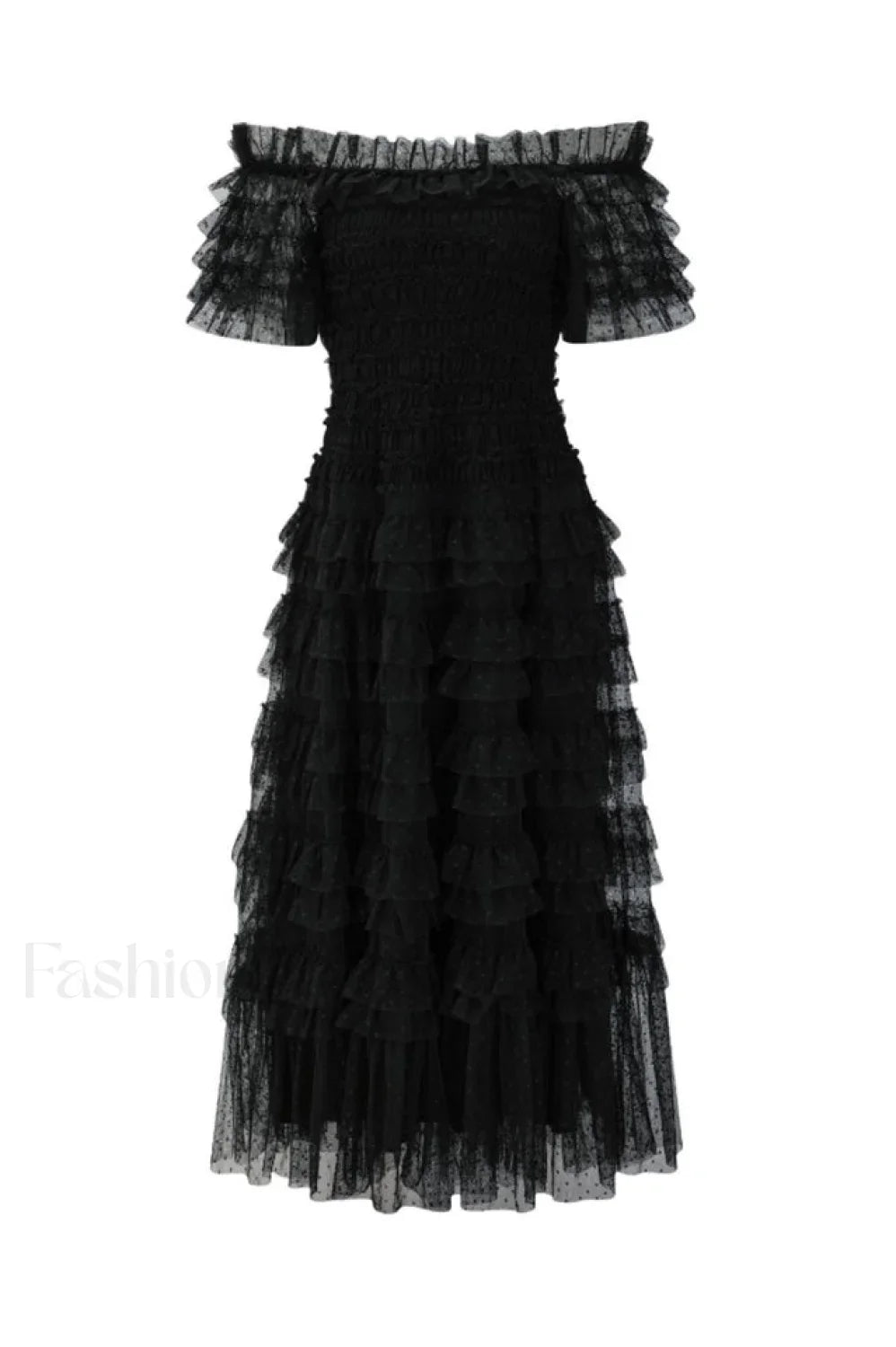 Off Shoulder Dotted Charming Tulle Maxi Dress
