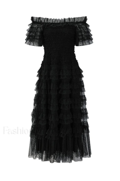 Off Shoulder Dotted Charming Tulle Maxi Dress