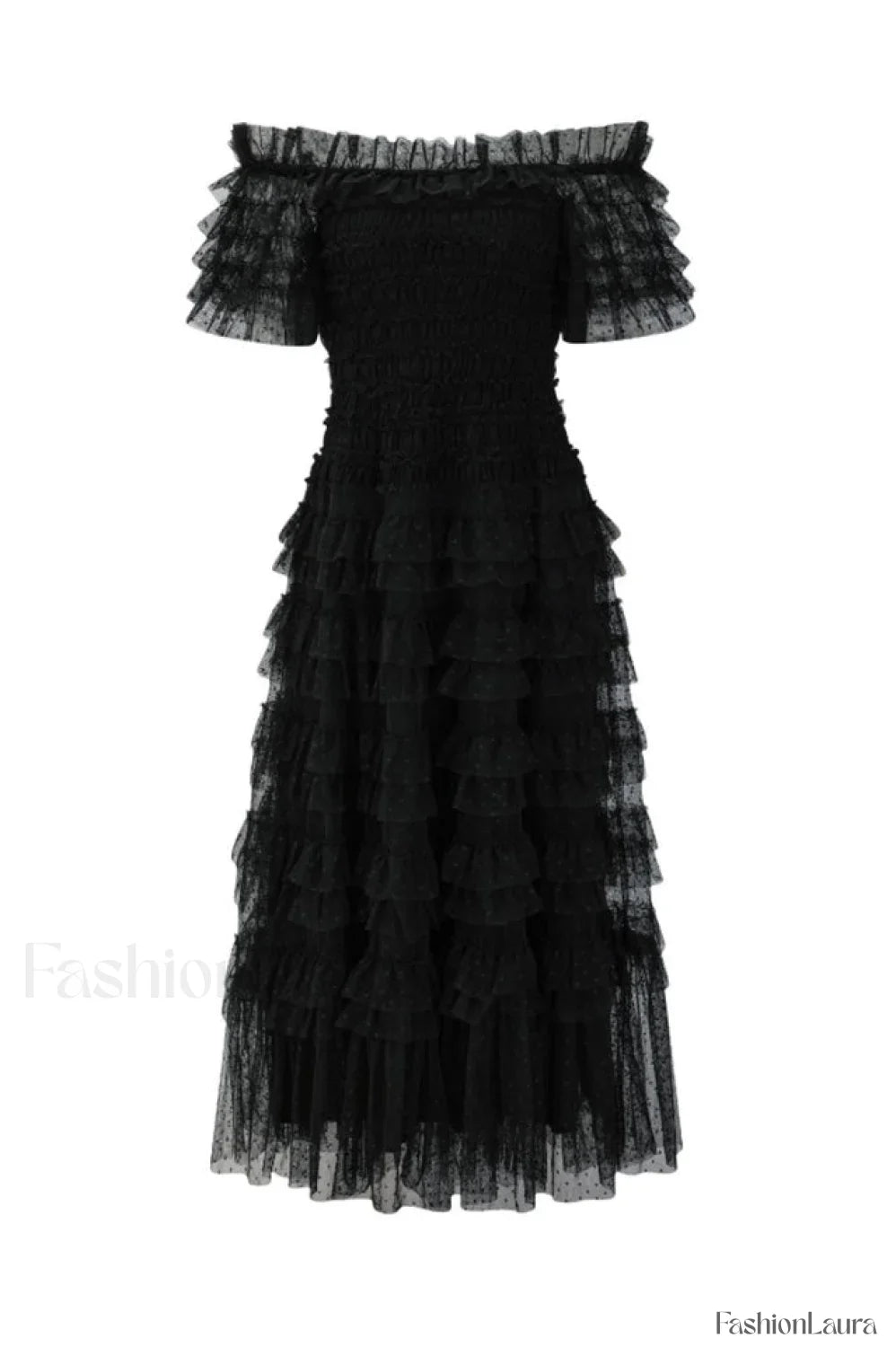 Off Shoulder Dotted Charming Tulle Maxi Dress