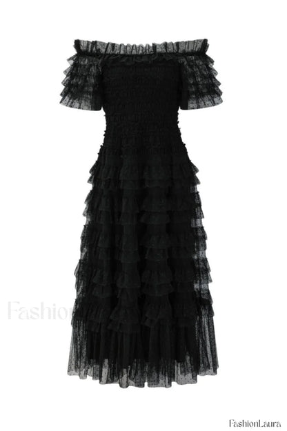 Off Shoulder Dotted Charming Tulle Maxi Dress