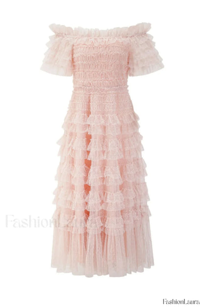 Off Shoulder Dotted Charming Tulle Maxi Dress