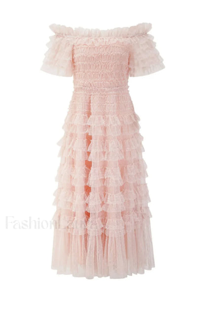 Off Shoulder Dotted Charming Tulle Maxi Dress