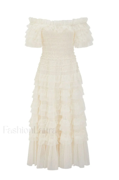 Off Shoulder Dotted Charming Tulle Maxi Dress