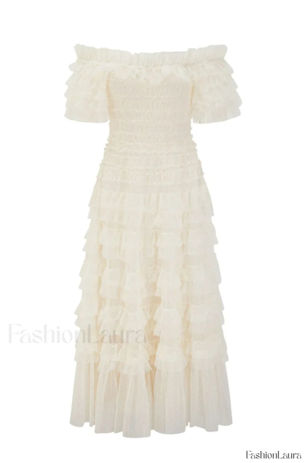 Off Shoulder Dotted Charming Tulle Maxi Dress