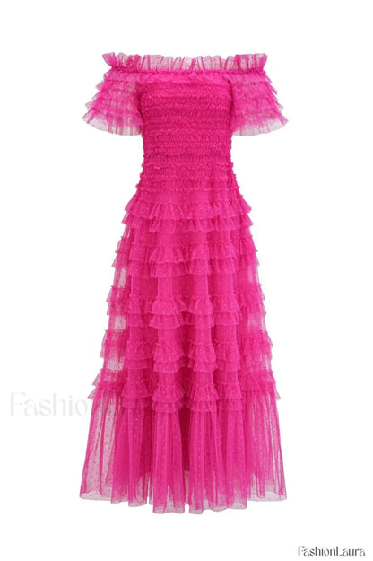 Off Shoulder Dotted Charming Tulle Maxi Dress