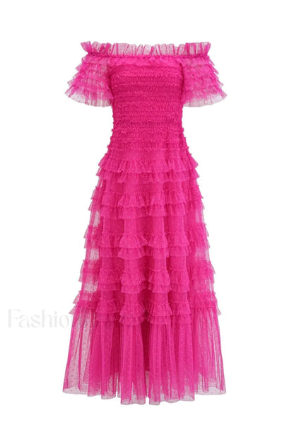 Off Shoulder Dotted Charming Tulle Maxi Dress