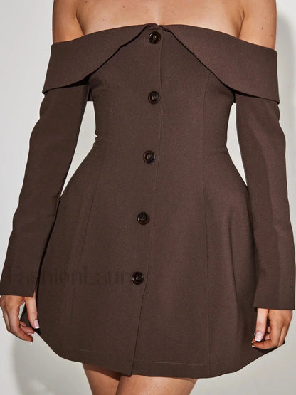 Off Shoulder Long Sleeve Modern Button Zip Mini Dress