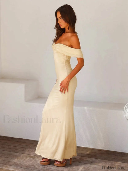 Off Shoulder Ruffle Trendy Satin Long Dress