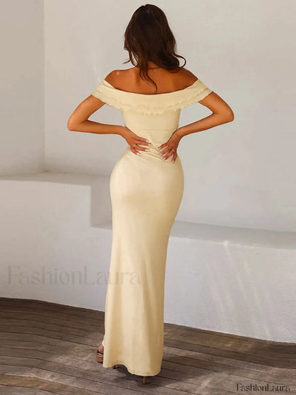 Off Shoulder Ruffle Trendy Satin Long Dress