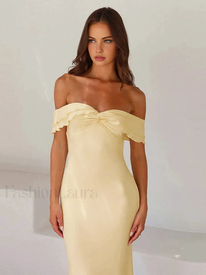 Off Shoulder Ruffle Trendy Satin Long Dress