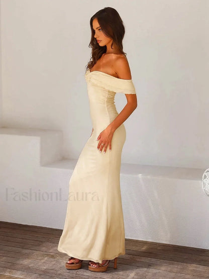 Off Shoulder Ruffle Trendy Satin Long Dress