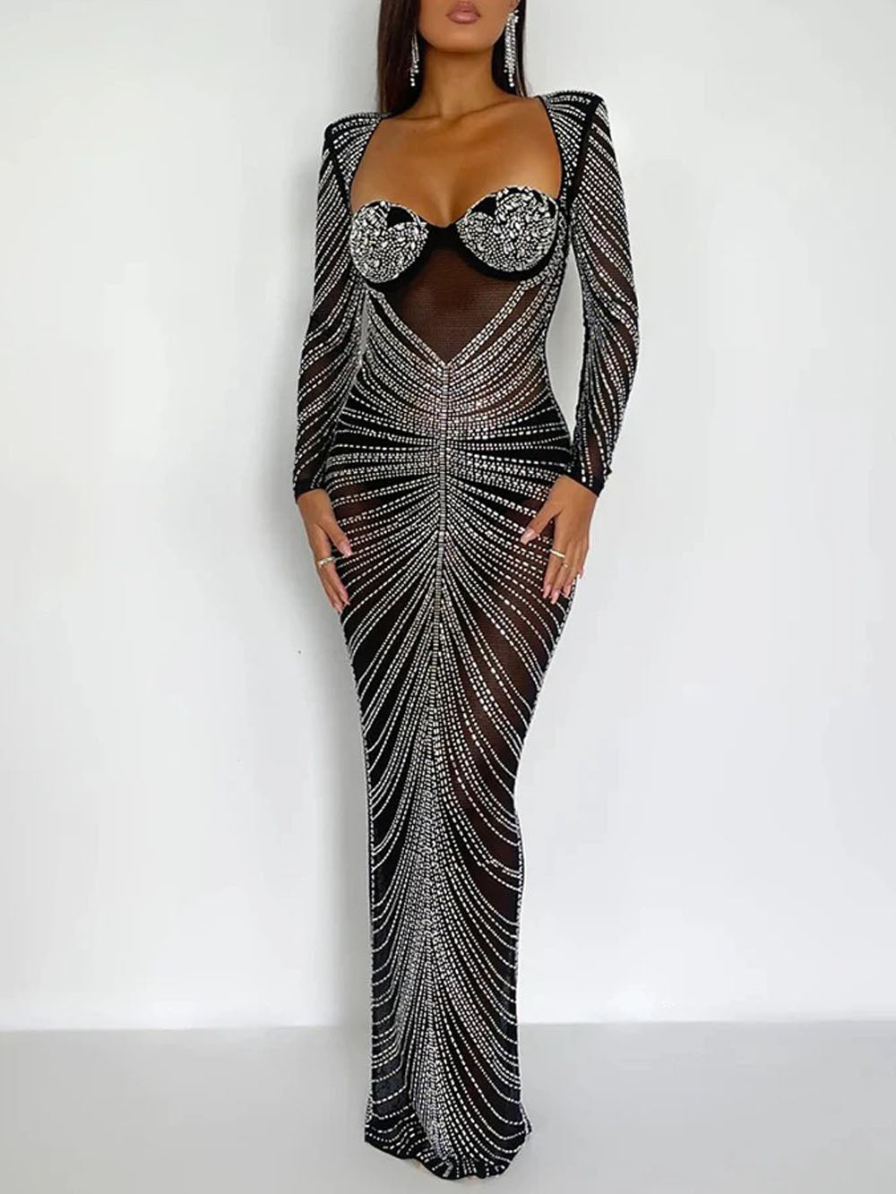 Black Mesh Rhinestone Embellished Deep V-Neck Cup Detail Bodycon Maxi Dress