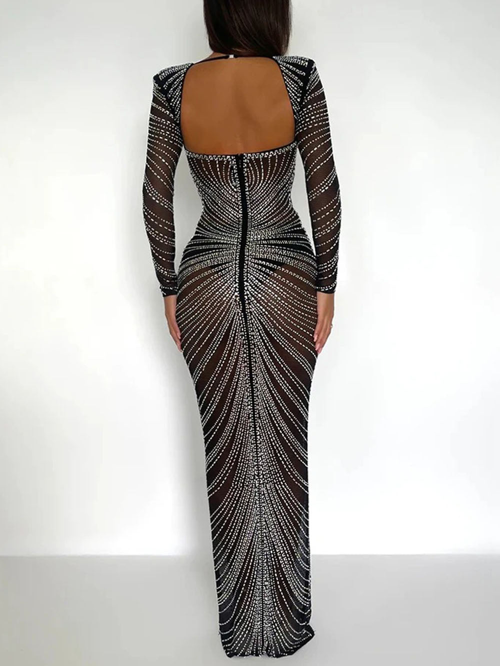 Black Mesh Rhinestone Embellished Deep V-Neck Cup Detail Bodycon Maxi Dress